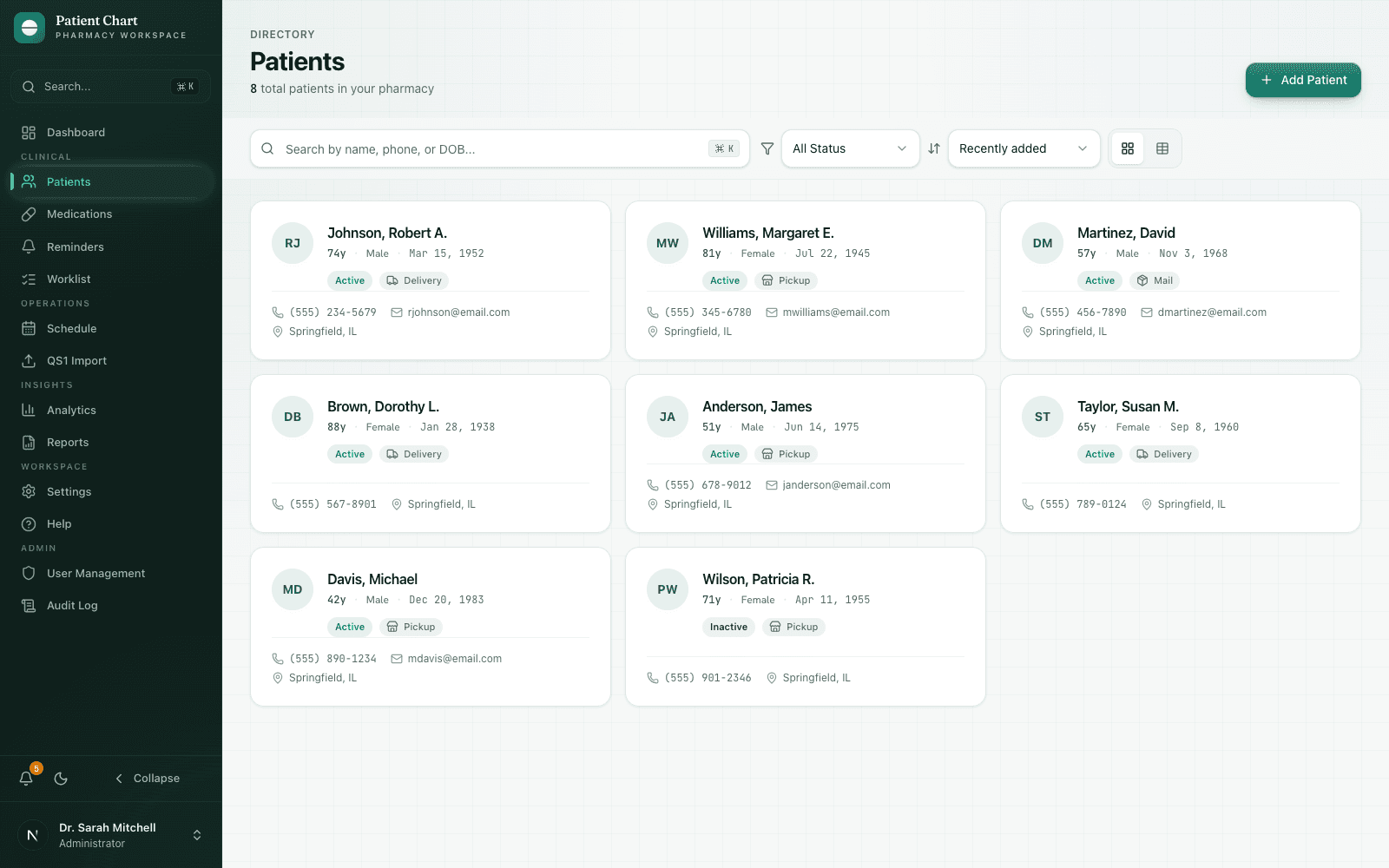 Patients list with search, status badges, and tabular clinical data in the light theme